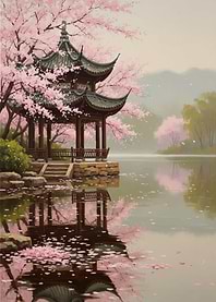 Pagoda by Cherry Blossoms Reflecting in Water