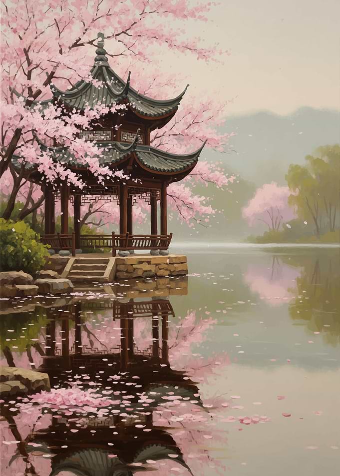 Pagoda by Cherry Blossoms Reflecting in Water