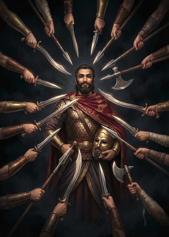 Warrior Surrounded by Weapons