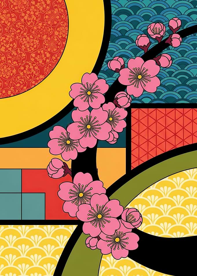 Cherry Blossoms on Geometric Background