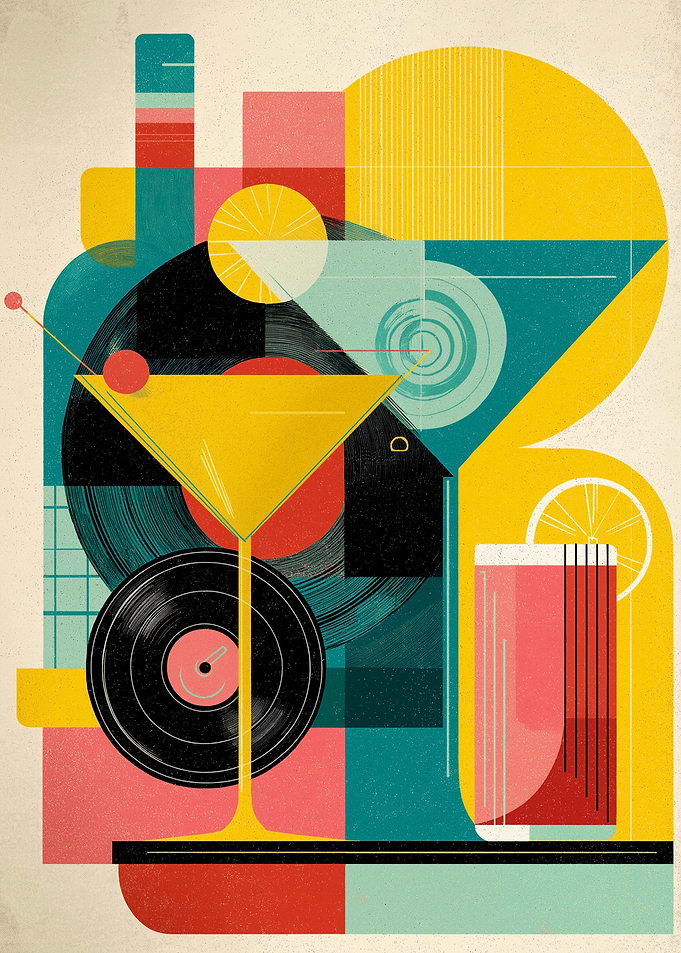 Retro Martini and Vinyl Record Art