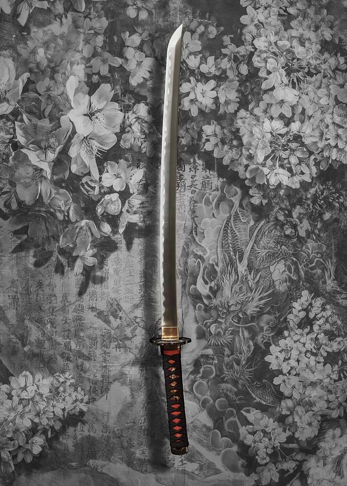 Katana with Dragon and Floral Background