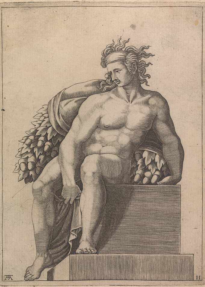Seated Male Figure with Grapes and Leaves