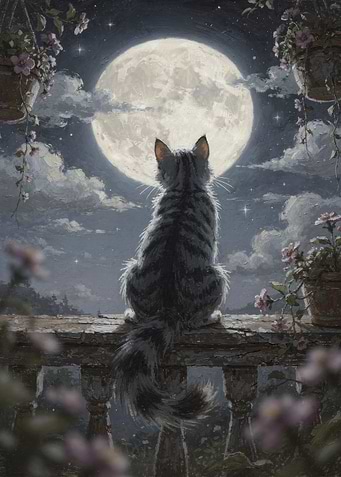 Cat Gazing at the Full Moon