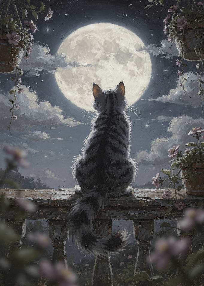 Cat Gazing at the Full Moon