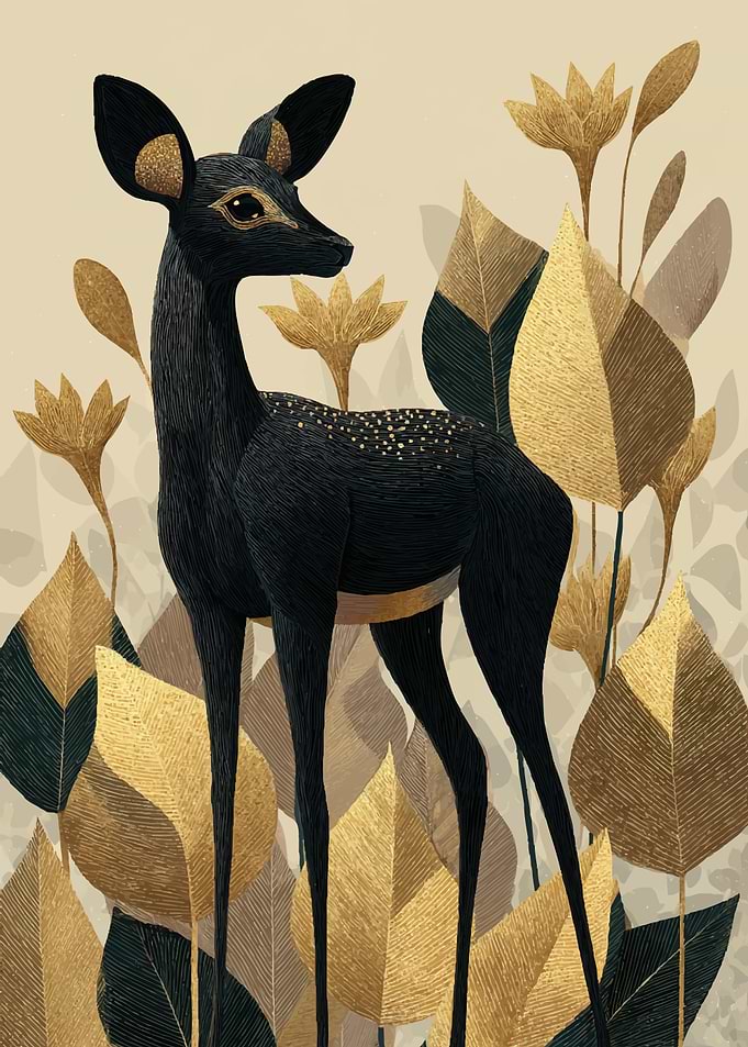 Black Deer with Gold Accents in Floral Setting