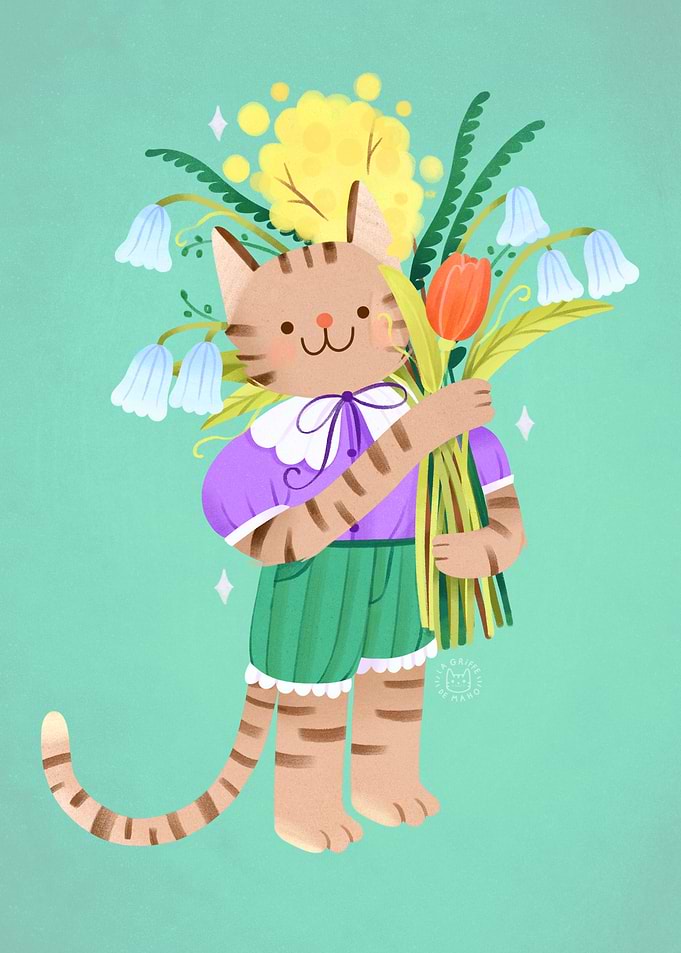 Cute Cat Holding a Bouquet