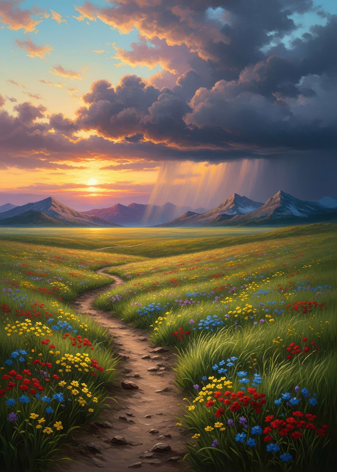 Path through a wildflower meadow at sunset