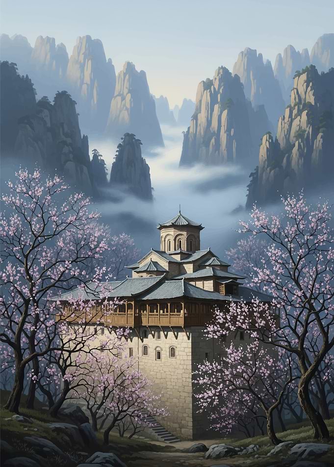 Misty Mountain Monastery with Cherry Blossoms