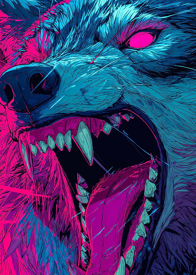 Neon Synthwave Roaring Wolf Portrait