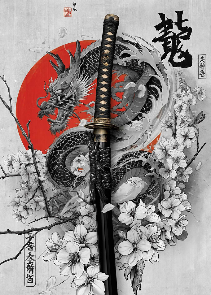 Dragon and Katana with Cherry Blossoms