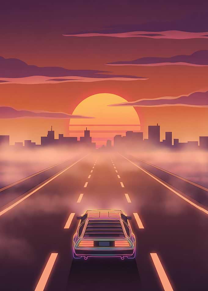 Retro Car Driving into Sunset City