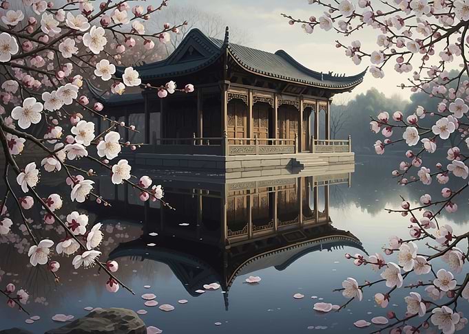 Tranquil Japanese Garden with Cherry Blossoms