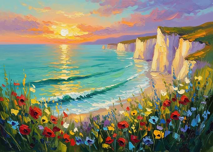 Seascape with Cliffs and Wildflowers
