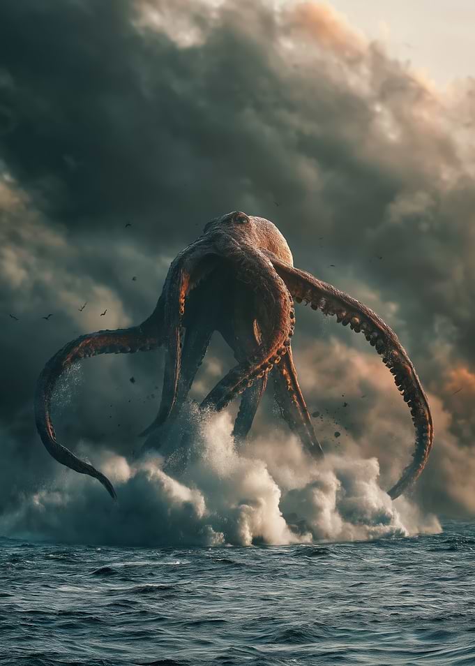 Giant Octopus Emerging from Stormy Seas