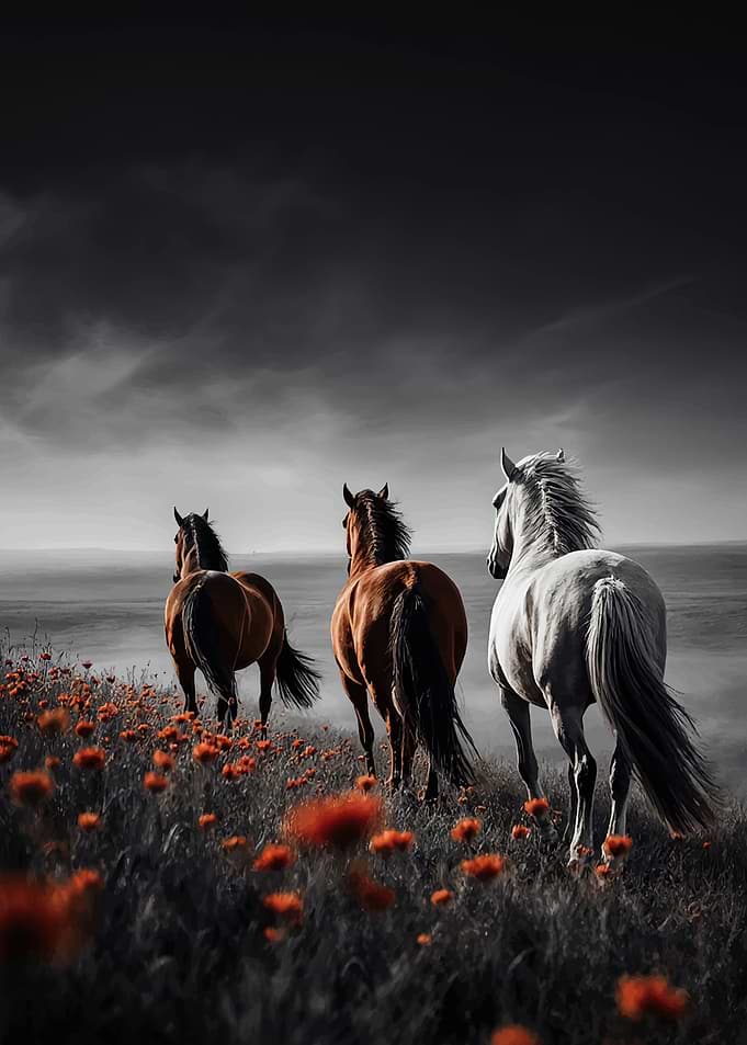 Three horses in a poppy field