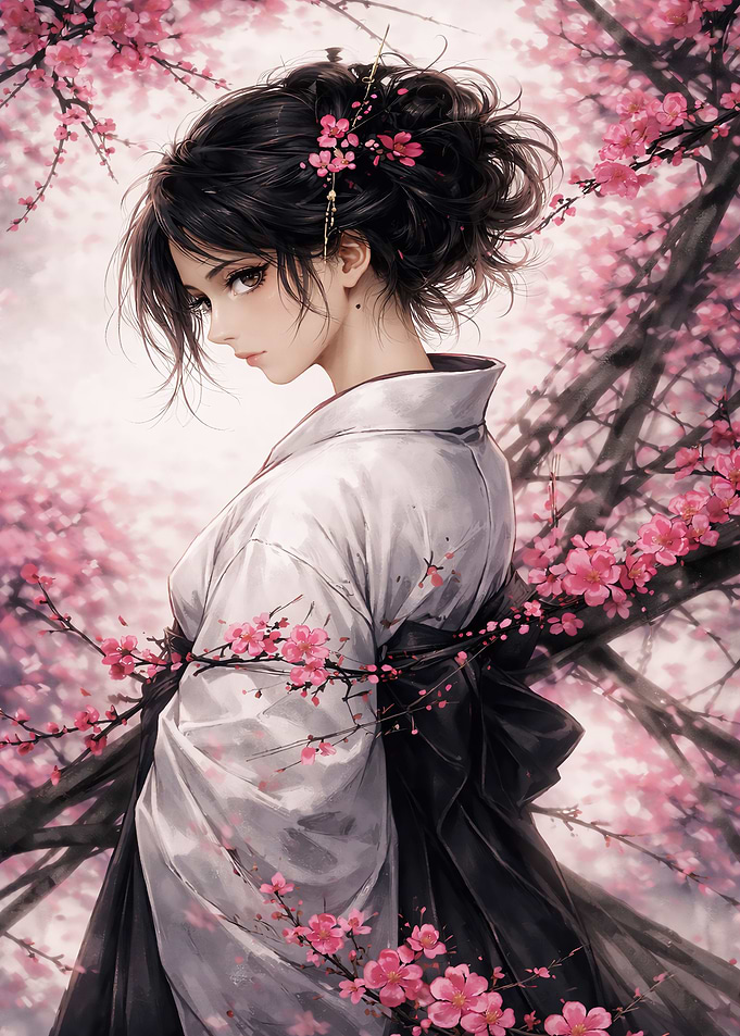 Woman in Kimono with Cherry Blossoms