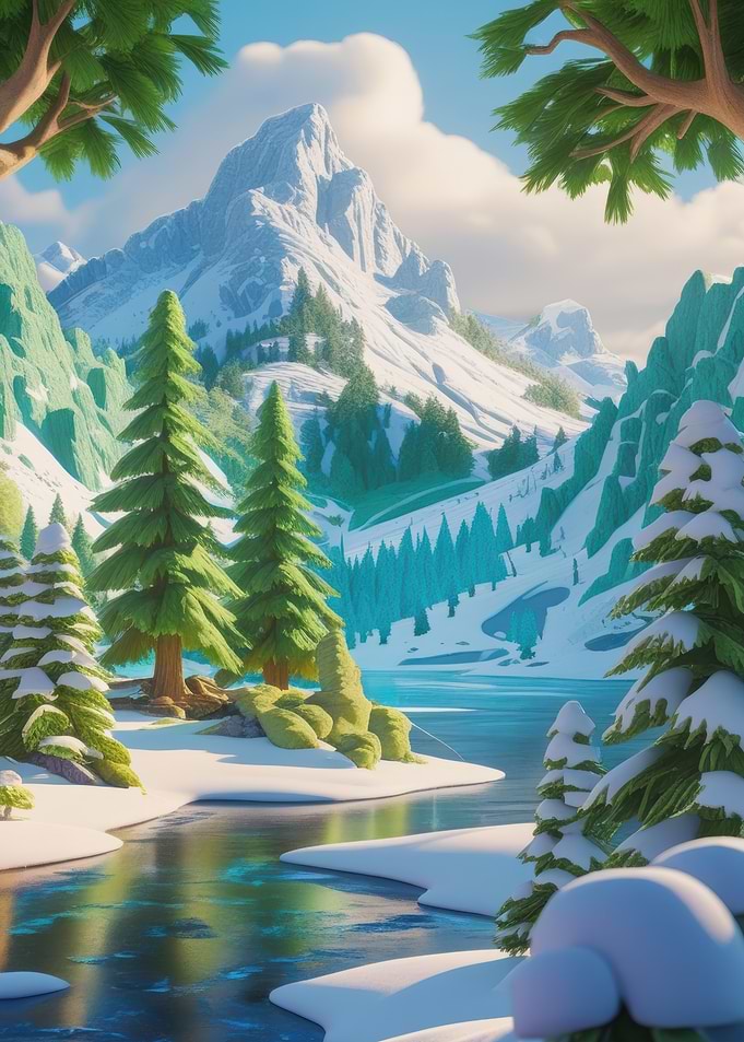 Snowy Mountain Landscape with Lake