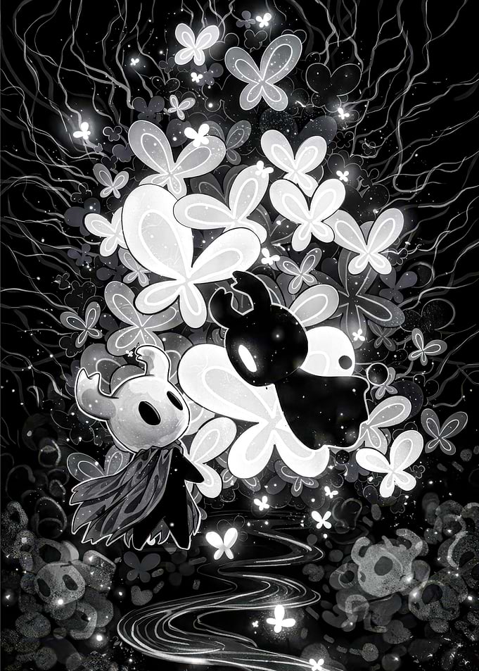 Hollow Knight Characters in Floral Setting