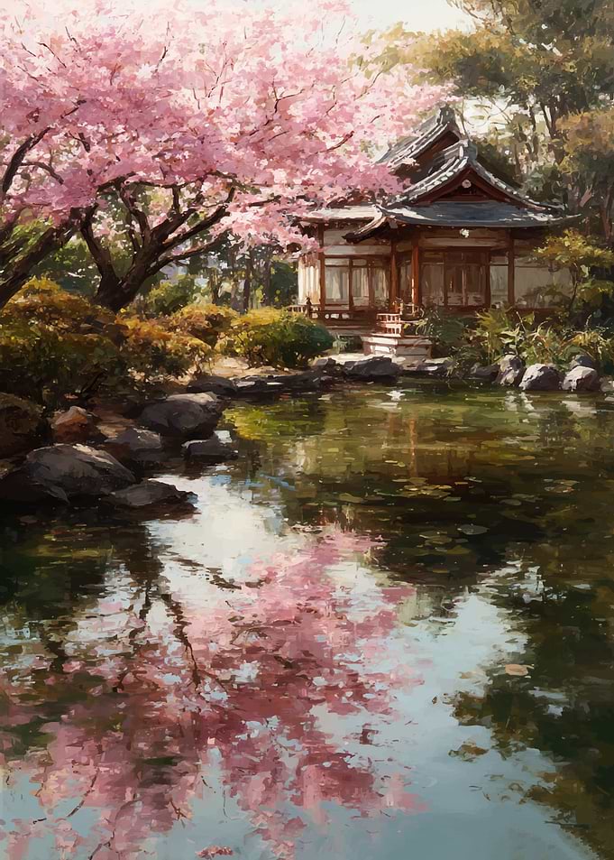 Japanese Garden with Cherry Blossoms