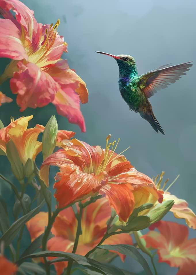 Hummingbird and Orange Lilies