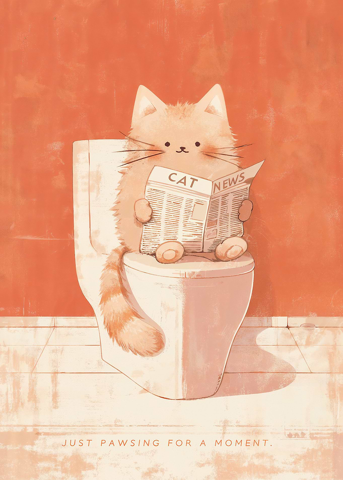 Cute Cat Reading Newspaper on Toilet