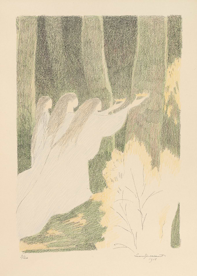 Three figures in a forest
