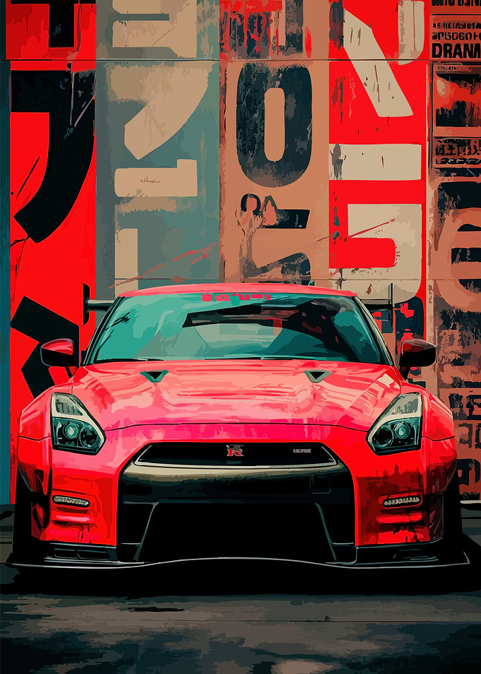 Red Nissan GT-R with Japanese Graffiti Background