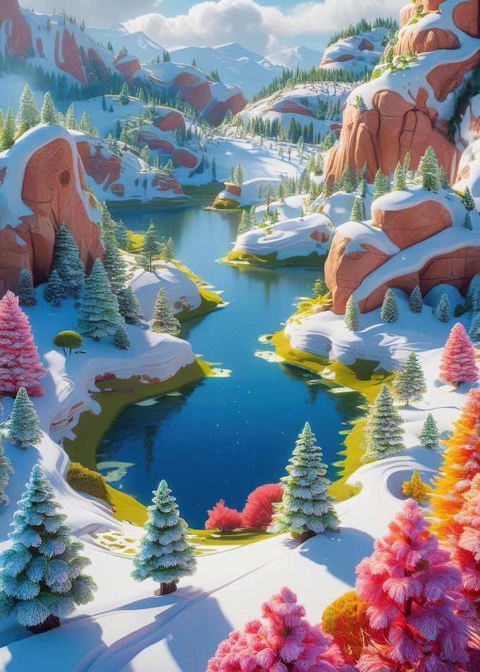 Winter Wonderland Lake with Colorful Trees