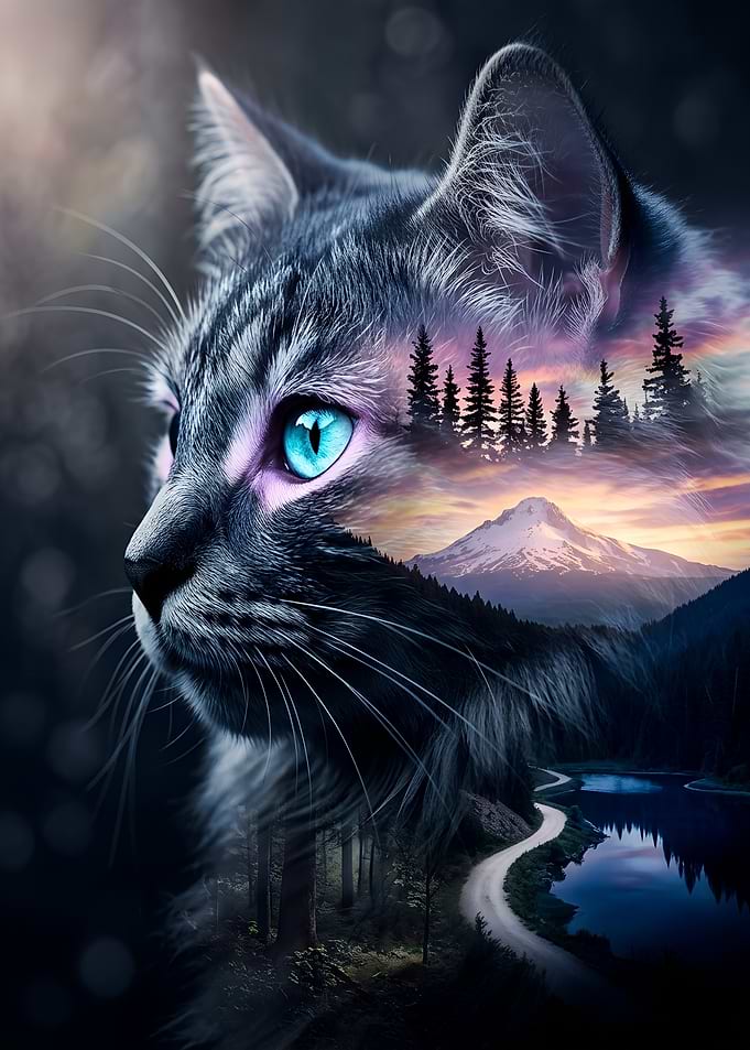 Cat with Mountain Landscape and Forest Nature