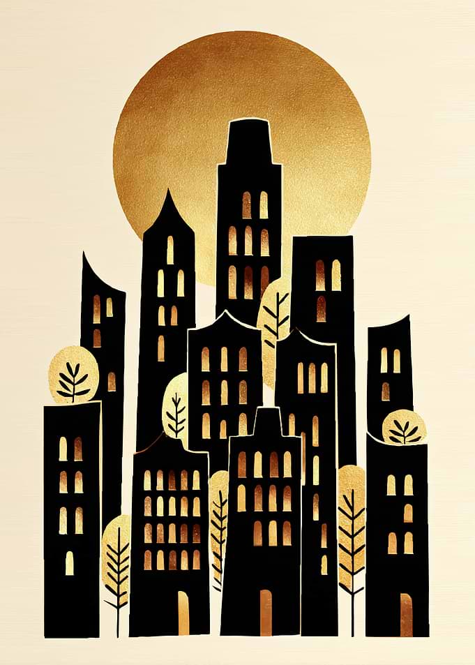 Golden Cityscape with Sun