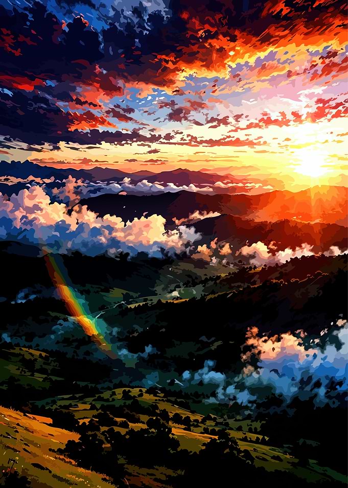 Dramatic Sunset Over Mountains with Rainbow
