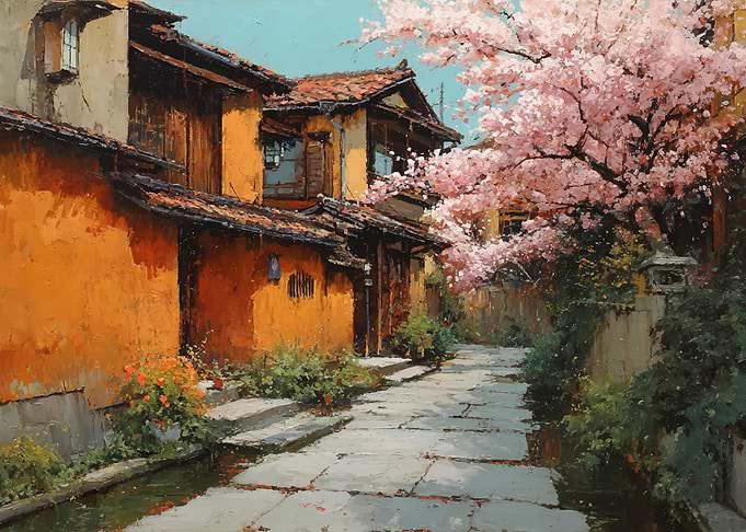 Japanese Street with Cherry Blossoms