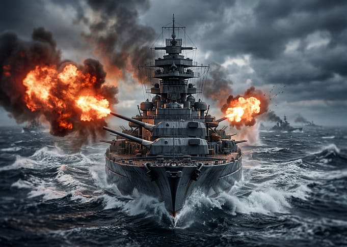 Battleship Firing Guns in Stormy Seas