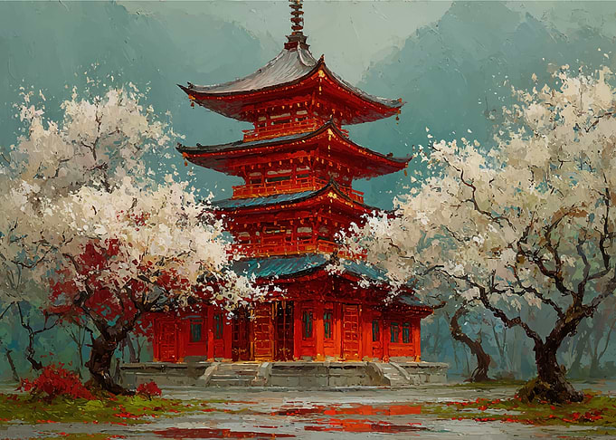 Pagoda Surrounded by Cherry Blossoms