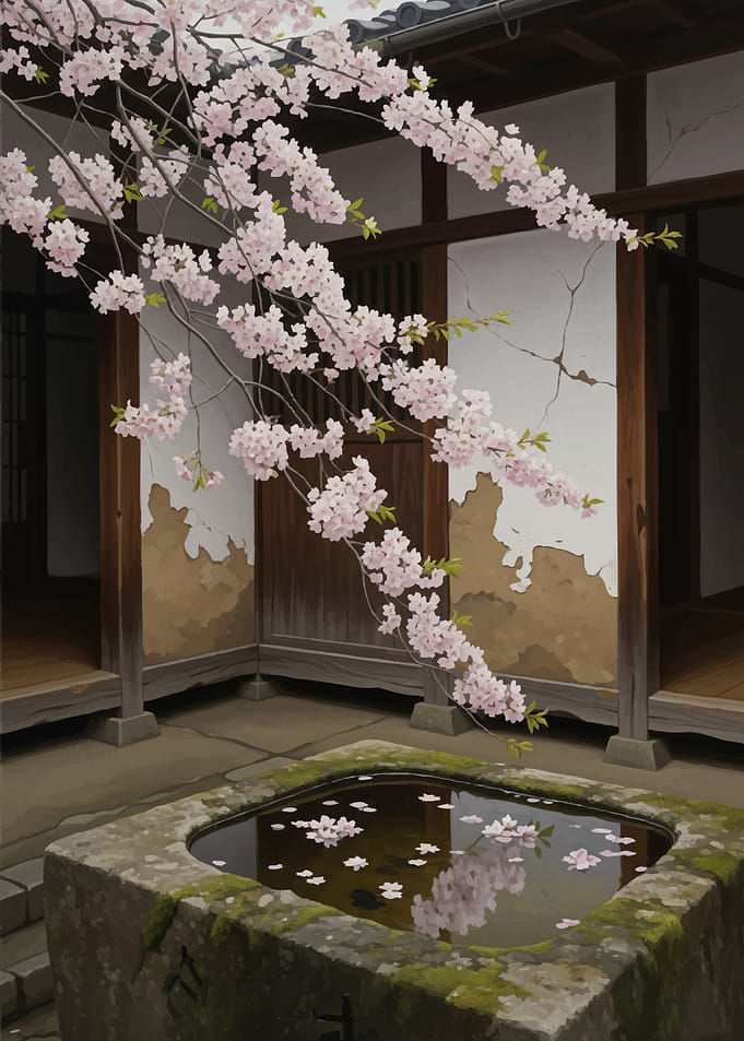 Cherry Blossoms in Japanese Courtyard