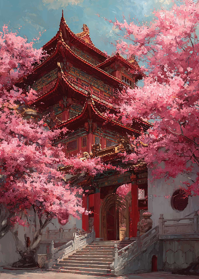 Traditional Asian Temple Amidst Cherry Blossoms