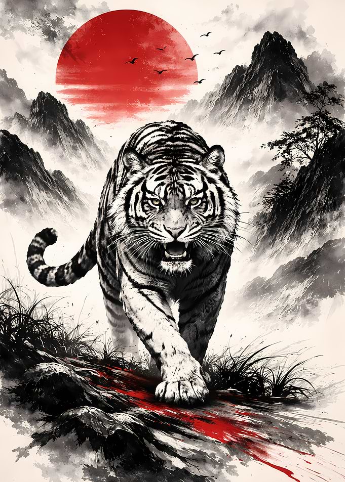 Tiger in a Japanese Landscape