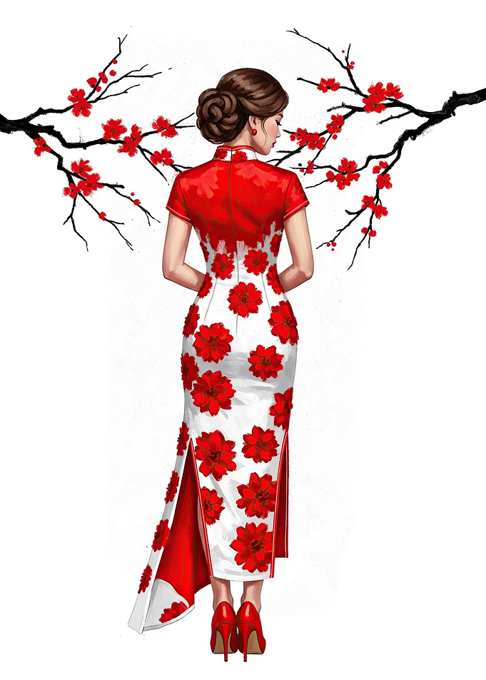 Woman in Floral Cheongsam with Cherry Blossoms