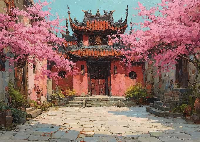Courtyard with Cherry Blossoms and Temple