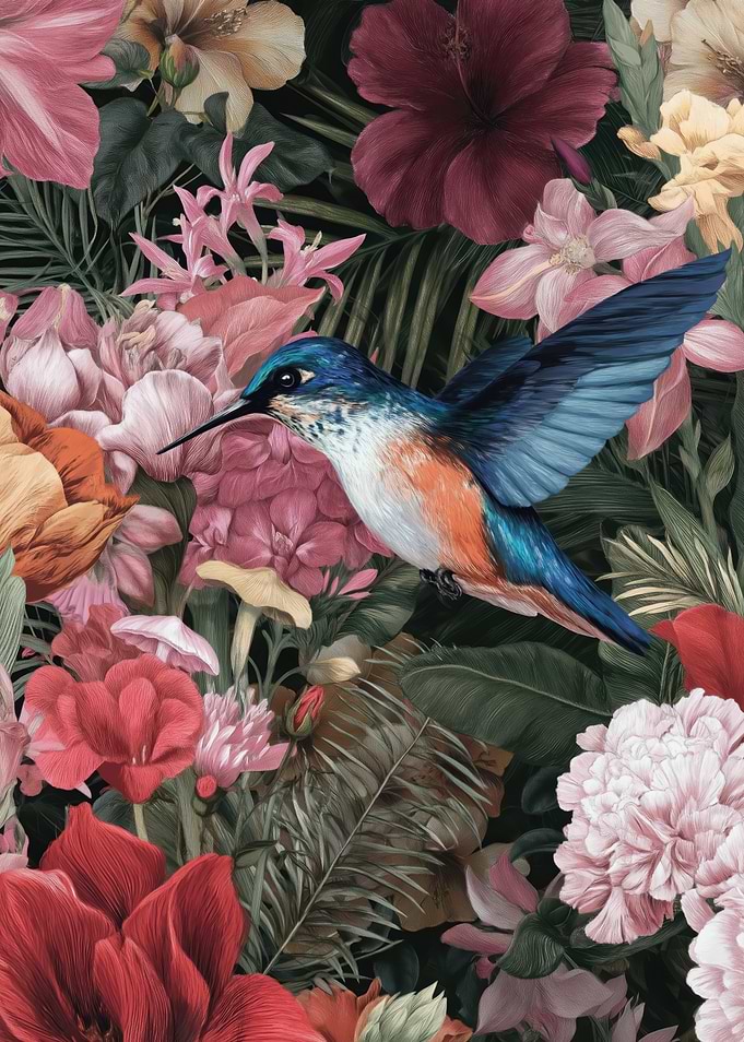Hummingbird in a Tropical Floral Garden