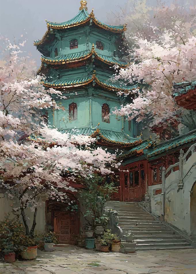 Pagoda Surrounded by Cherry Blossoms