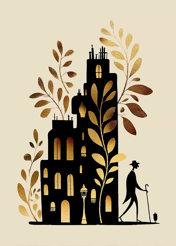Man walking past building with gold leaves