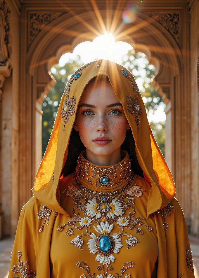 Woman in ornate yellow hooded dress