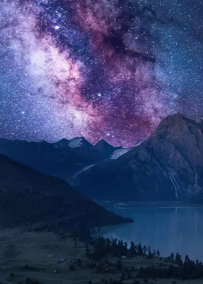 Starry Night Over Mountains and Lake
