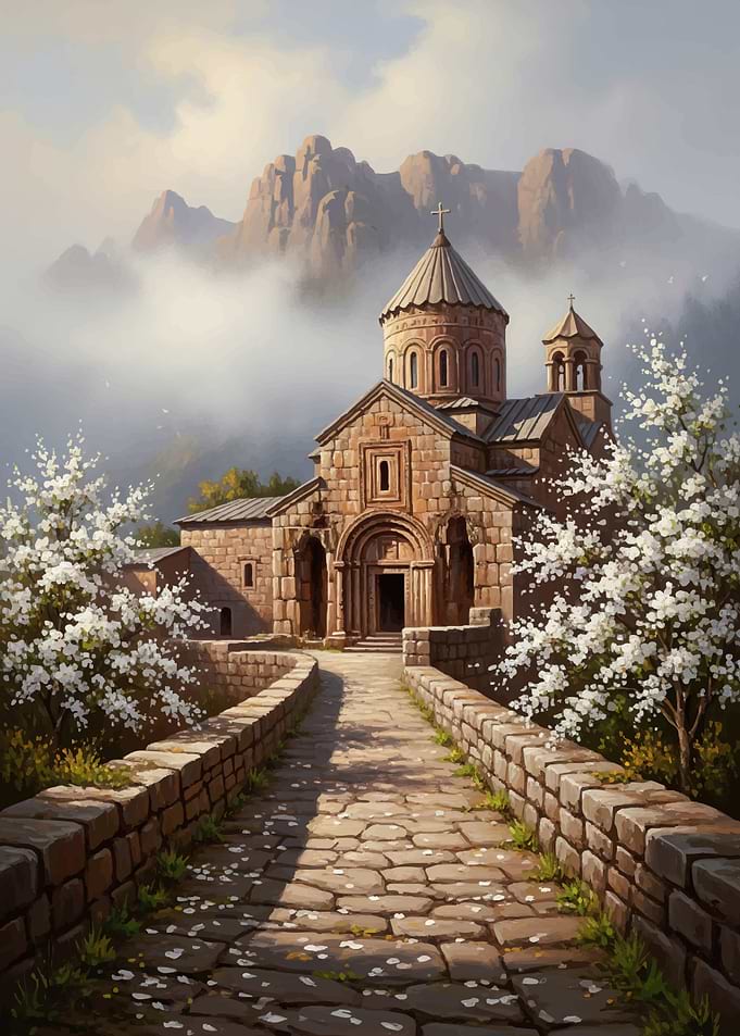 Ancient Monastery in Spring Bloom