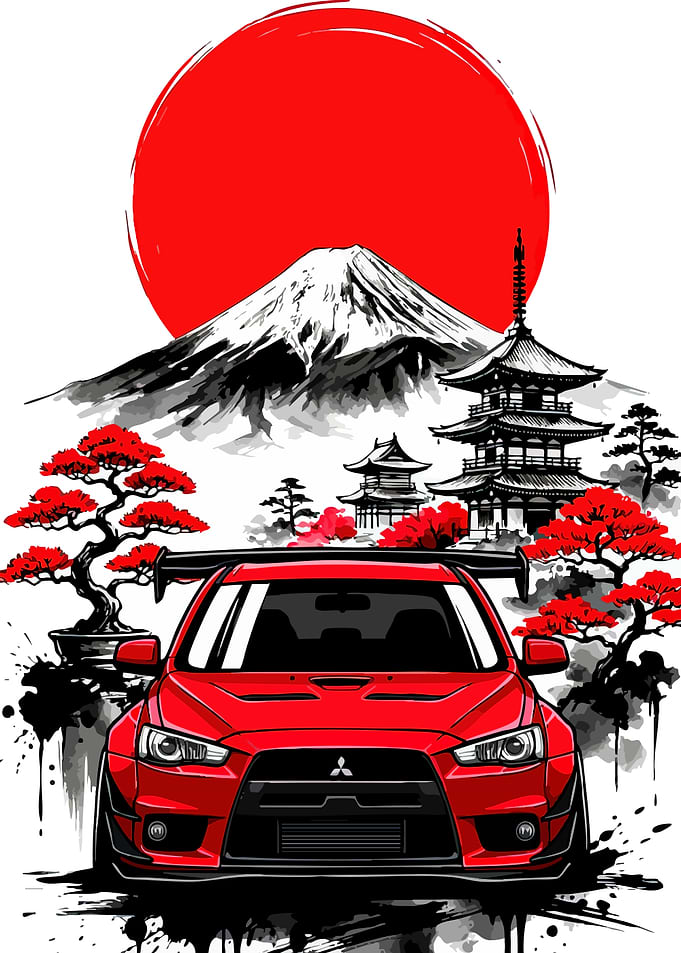 Red Mitsubishi Evo with Mount Fuji