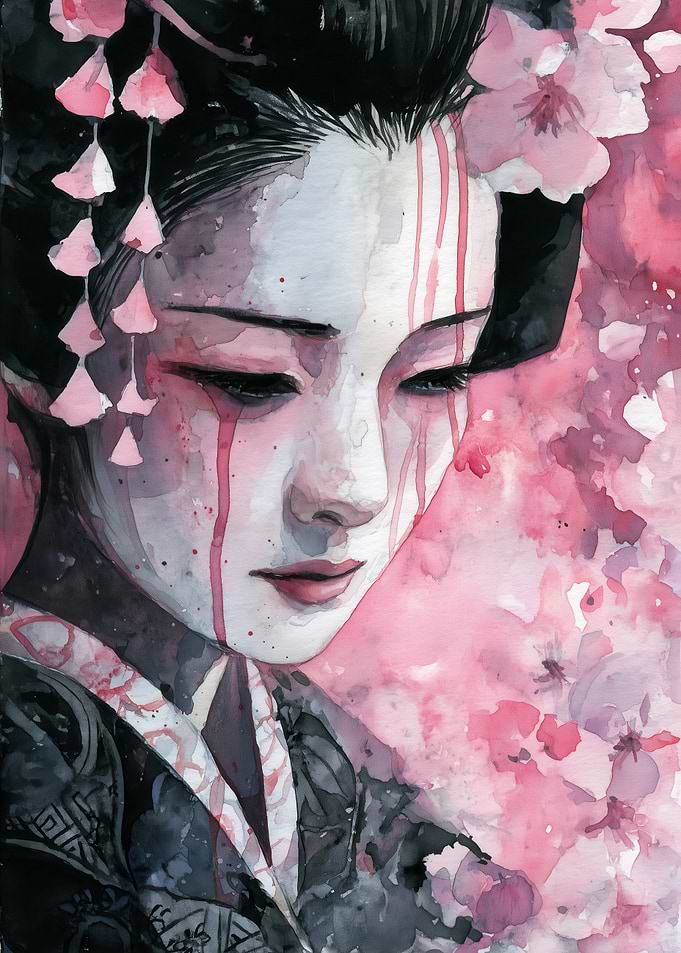 Watercolor Geisha with Cherry Blossoms