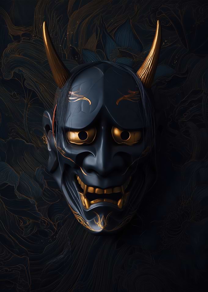 Japanese Oni Mask with Gold Accents