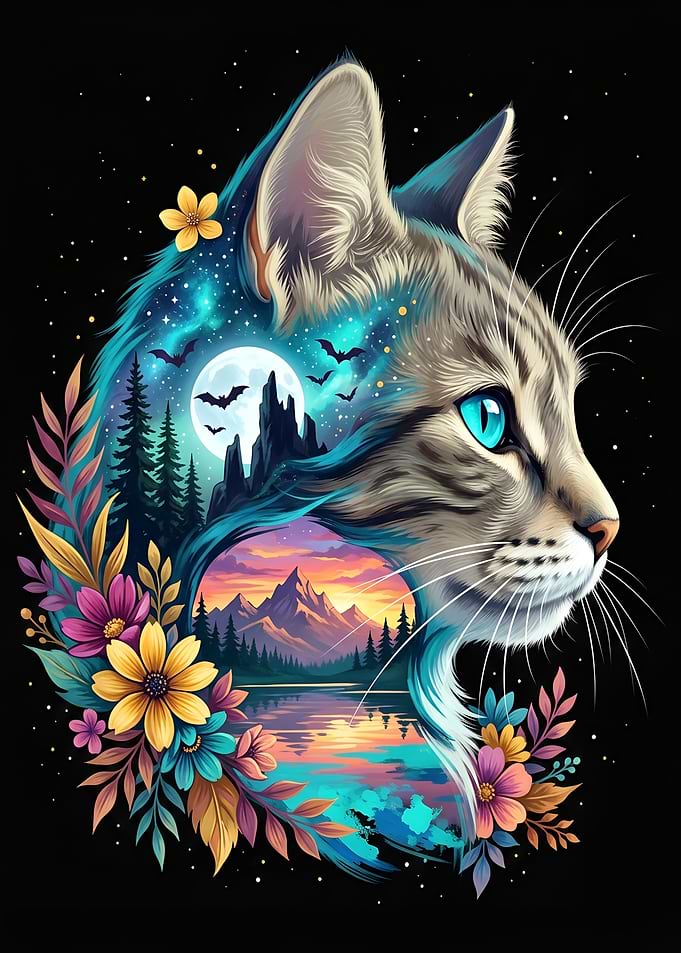 Mystical Nature Cat Landscape with Flowers